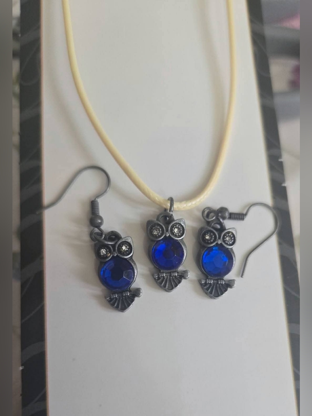 Blue Owl Pendant Necklace and Earrings Set